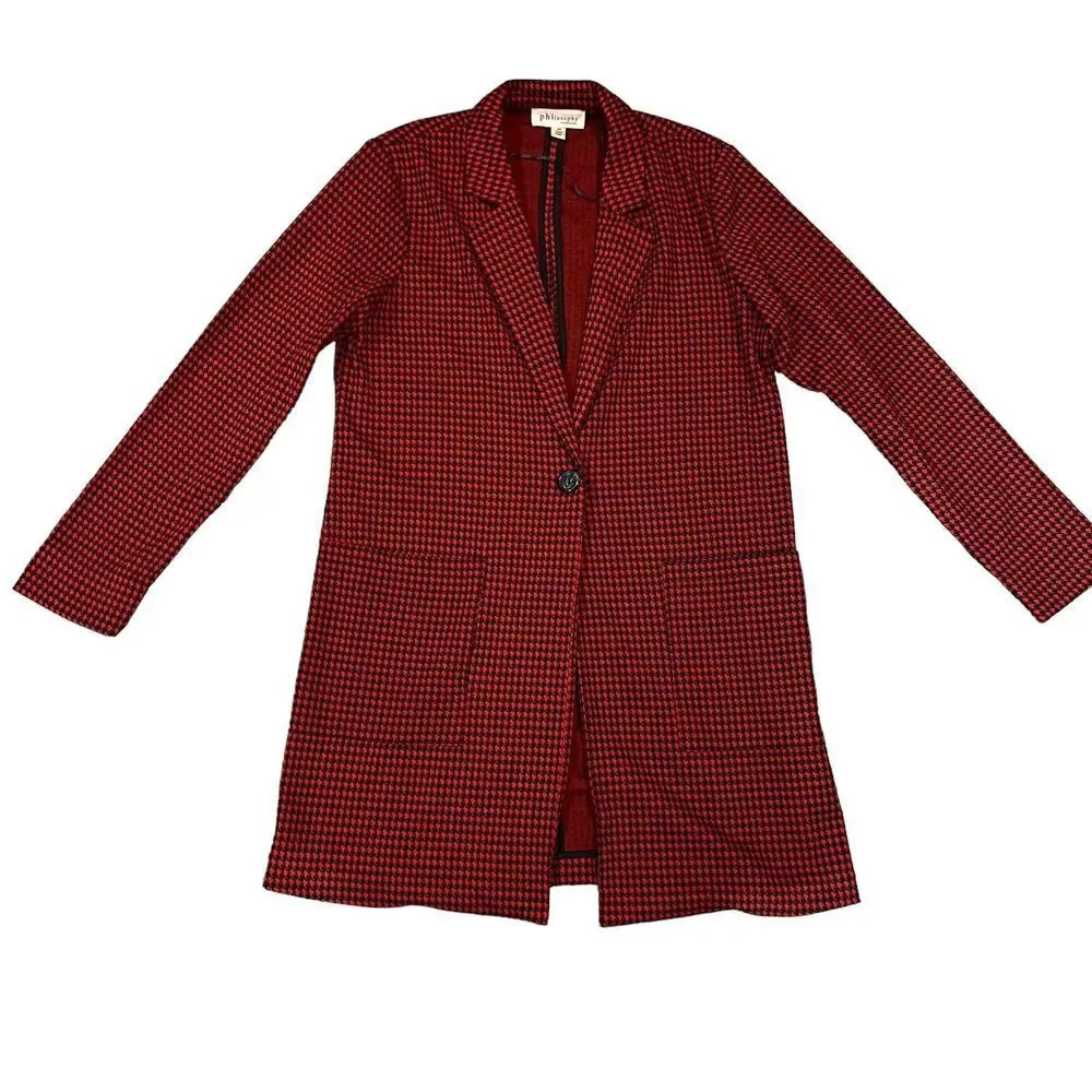 Philosophy Women's Red & Black Long Houndstooth Blazer Jacket Size Small